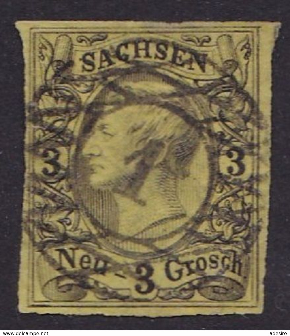 SACHSEN 1851 -- Ank7,  3 Neugroschen Schwarz A.gelb  ○, Mit Lorbeerkranzstempel Nr.1 (Aufpreis Laut Kat > 430 €, Mar ... - Sachsen