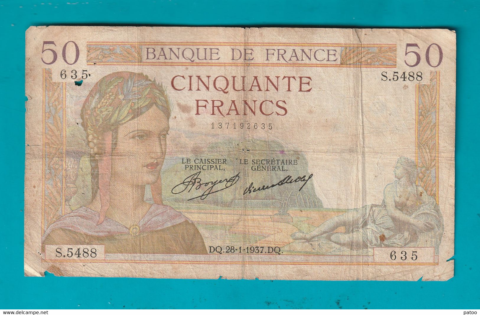 BILLET 50 FR  DE 1937  / VENDU EN L'ETAT ( Cf Scan) - 50 F 1934-1940 ''Cérès''