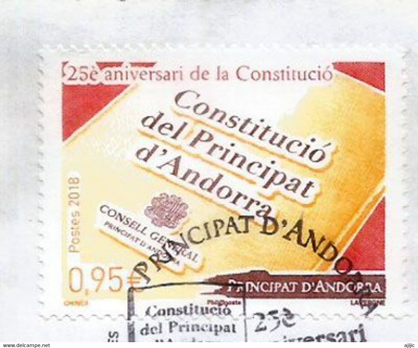 ANDORRA. 25 Ans De La Constitution Andorrane 2018, Timbre Oblitéré, 1 ère Qualité, Sur Fragment Lettre - Used Stamps