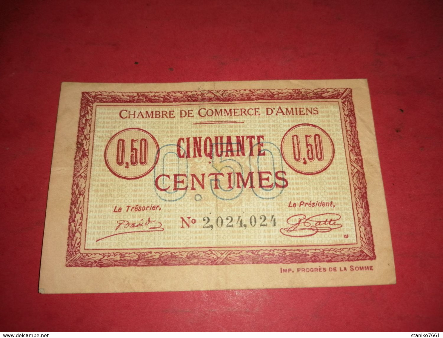 BILLET DE 50 Centimes CHAMBRE DE COMMERCE D'AMIENS NUMEROS INVERSER AU RECTO - Autres & Non Classés