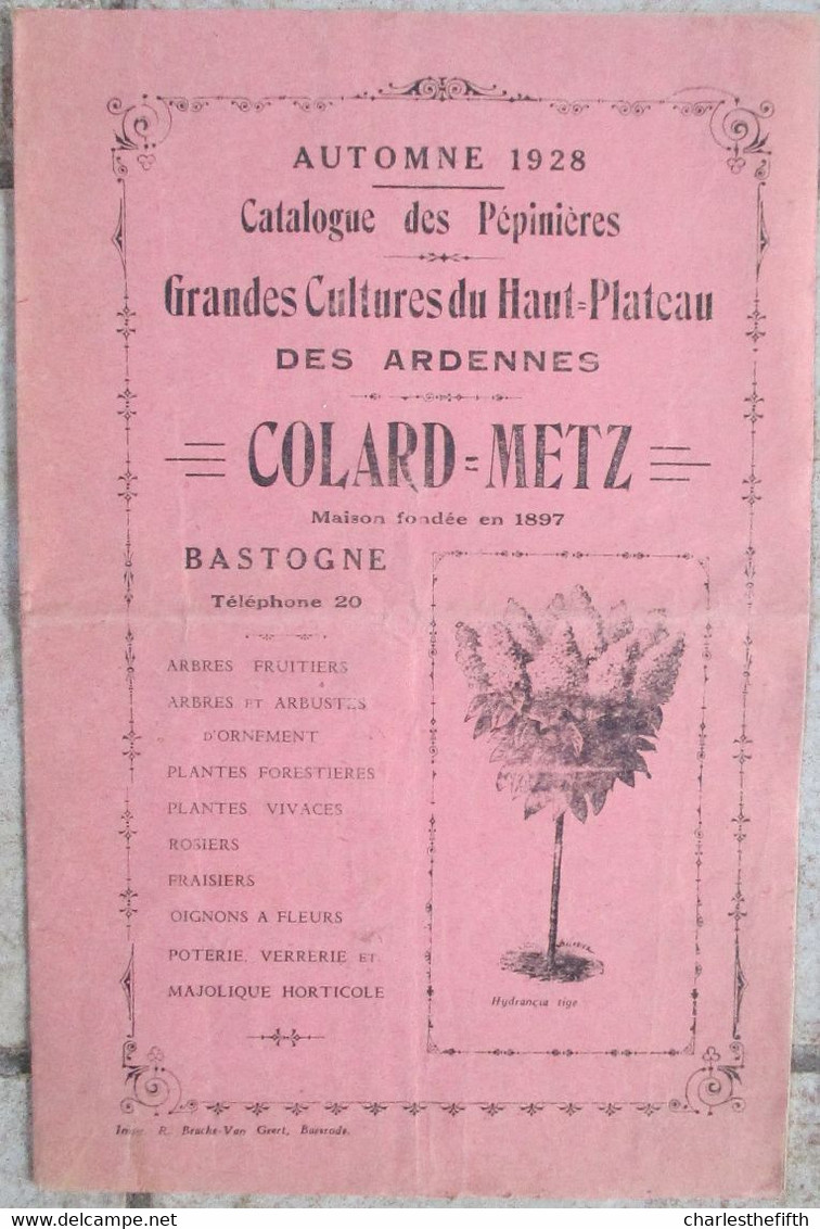 GRANDE BROCHURE / CATALOGUE 1928 - BASTOGNE - CATALOGUE DES PEPINIERES AVEC PRIX - ARBRES FRUITIERS ETC - 8 Pages - Publicités