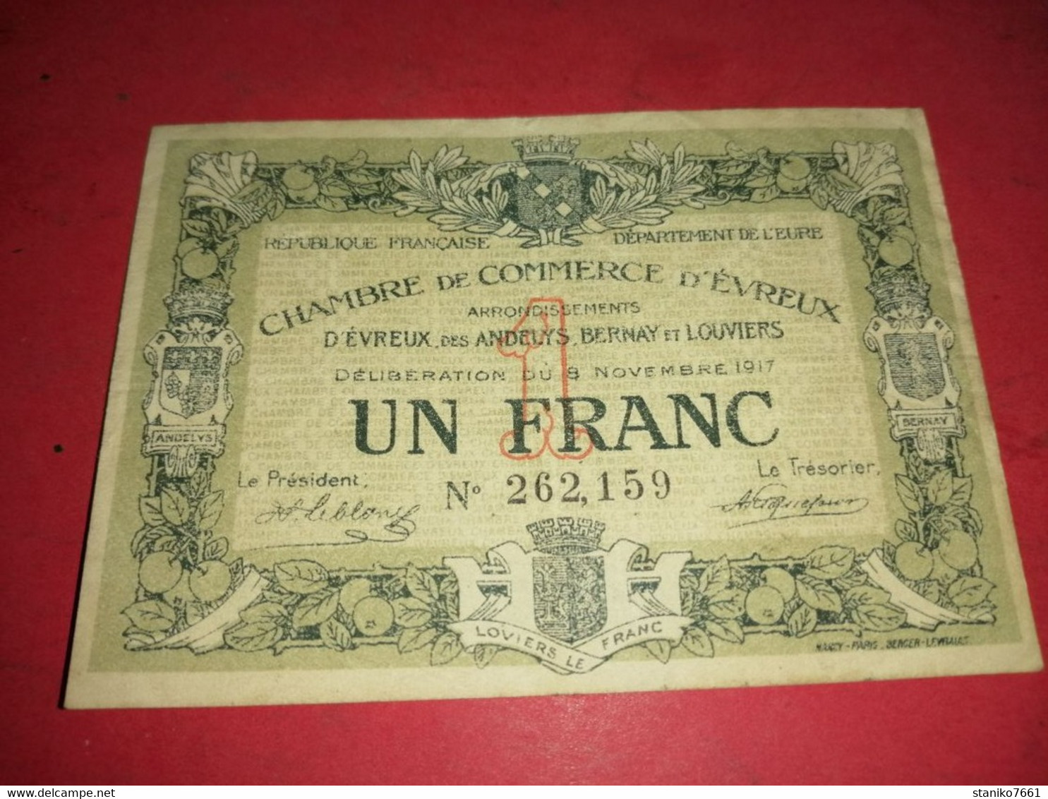 BILLET DE 1 FRANC CHAMBRE DE COMMERCE D'EVREUX 262.159 NUMEROS 1 INVERSER AU RECTO - Other & Unclassified