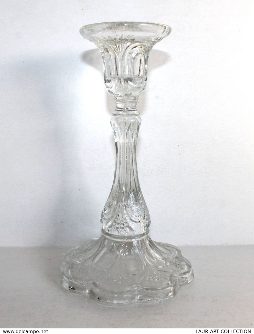 JOLI ANCIEN BOUGEOIR FLAMBEAU EN VERRE MOULÉ, GRAVÉ - VINTAGE ART NOUVEAU H:20cm (3008.15) - Candelabri E Candelieri