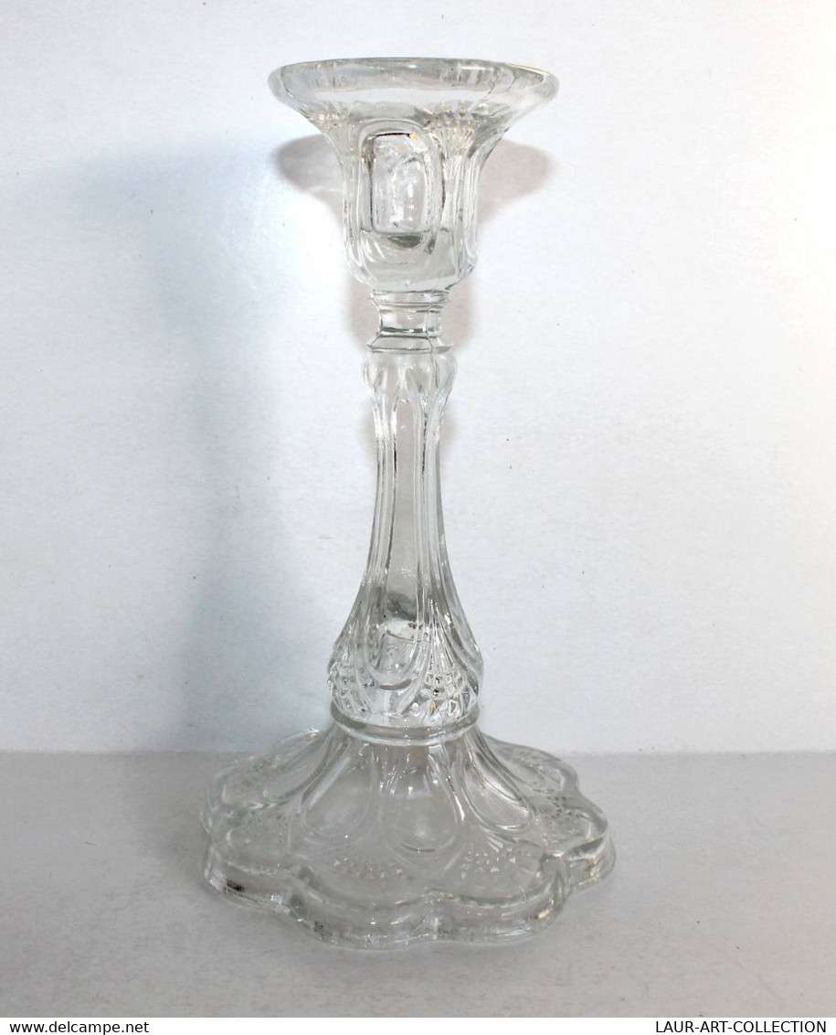 JOLI ANCIEN BOUGEOIR FLAMBEAU EN VERRE MOULÉ, GRAVÉ - VINTAGE ART NOUVEAU H:20cm (3008.15) - Candeleros, Candelabros Y Palmatorias