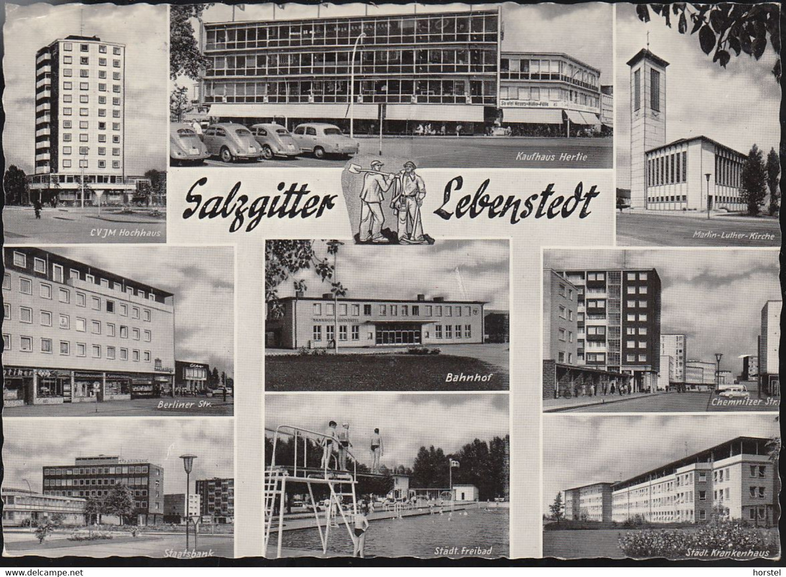 D-38226 Salzgitter - Lebenstedt - Ansichten - Bahnhof - Kaufhaus Hertie - Cars - VW Käfer - Mercedes Ponton - Stamp - Salzgitter