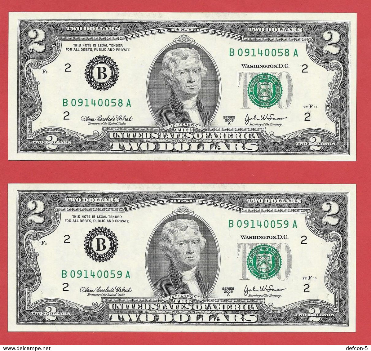 Rarität ! 2X 2 US-Dollar Fortlaufend Auf Informations-Blatt [2003] > B 09140058 A + ...59 A < {$002-019BL} - Divisa Nacional