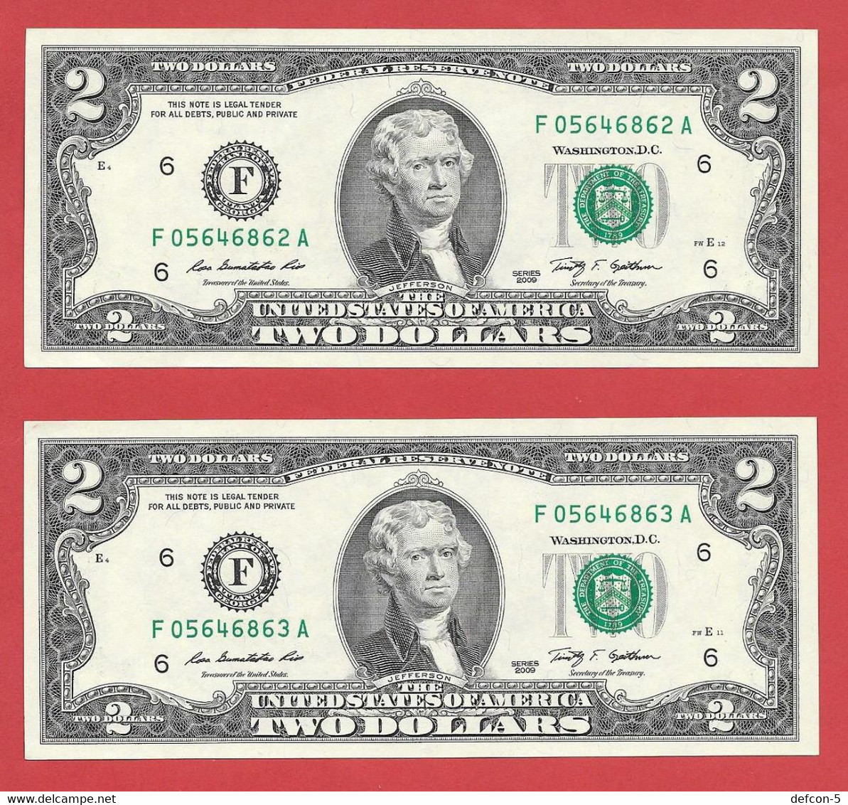 Rarität ! 2X 2 US-Dollar Fortlaufend Auf Informations-Blatt [2009] > F 05646862 A + ...63 A < {$002-023BL} - Nationale Valuta