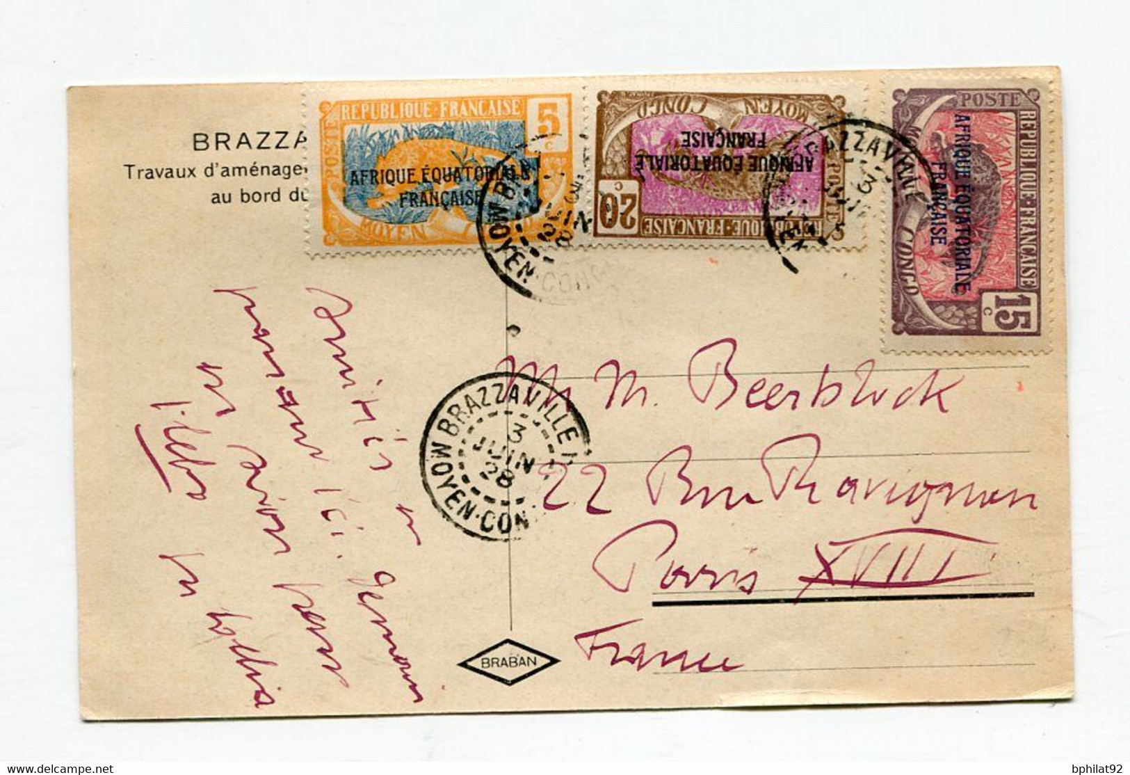 !!! CONGO, CPA DE 1928 POUR PARIS, CACHET DE BRAZZAVILLE - Storia Postale