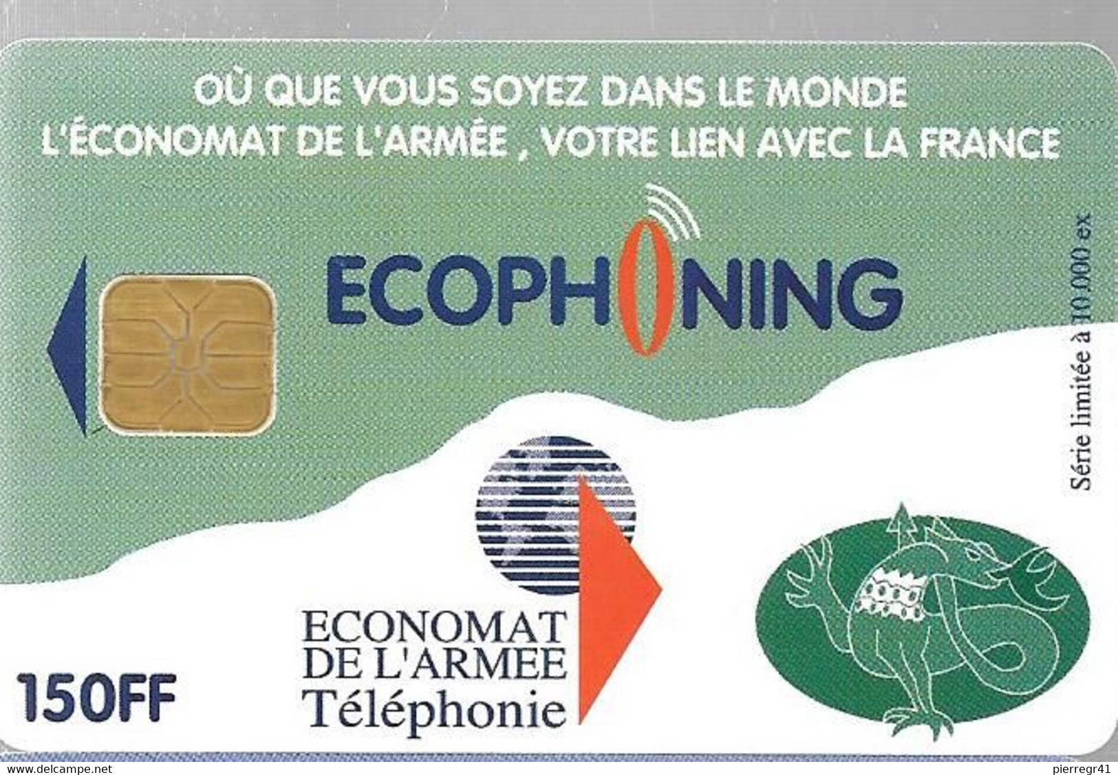 CARTE-PUCE-MILITAIRE- ECOPHONING-SFOR 2-150FF-V° SALAMANDRE-10000Ex-VERTE-TBE - -  Cartes à Usage Militaire