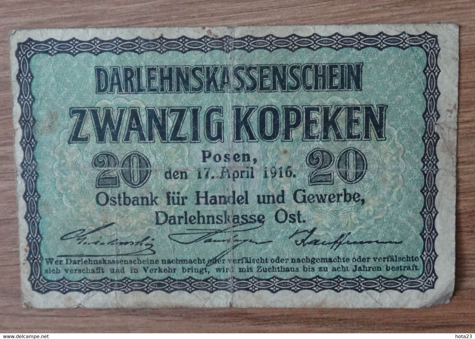 (!) 20 KOPEKS OST BANKNOTE LATVIA POLAND POSEN GERMAN OCCUPATION 1916  VF - Litauen