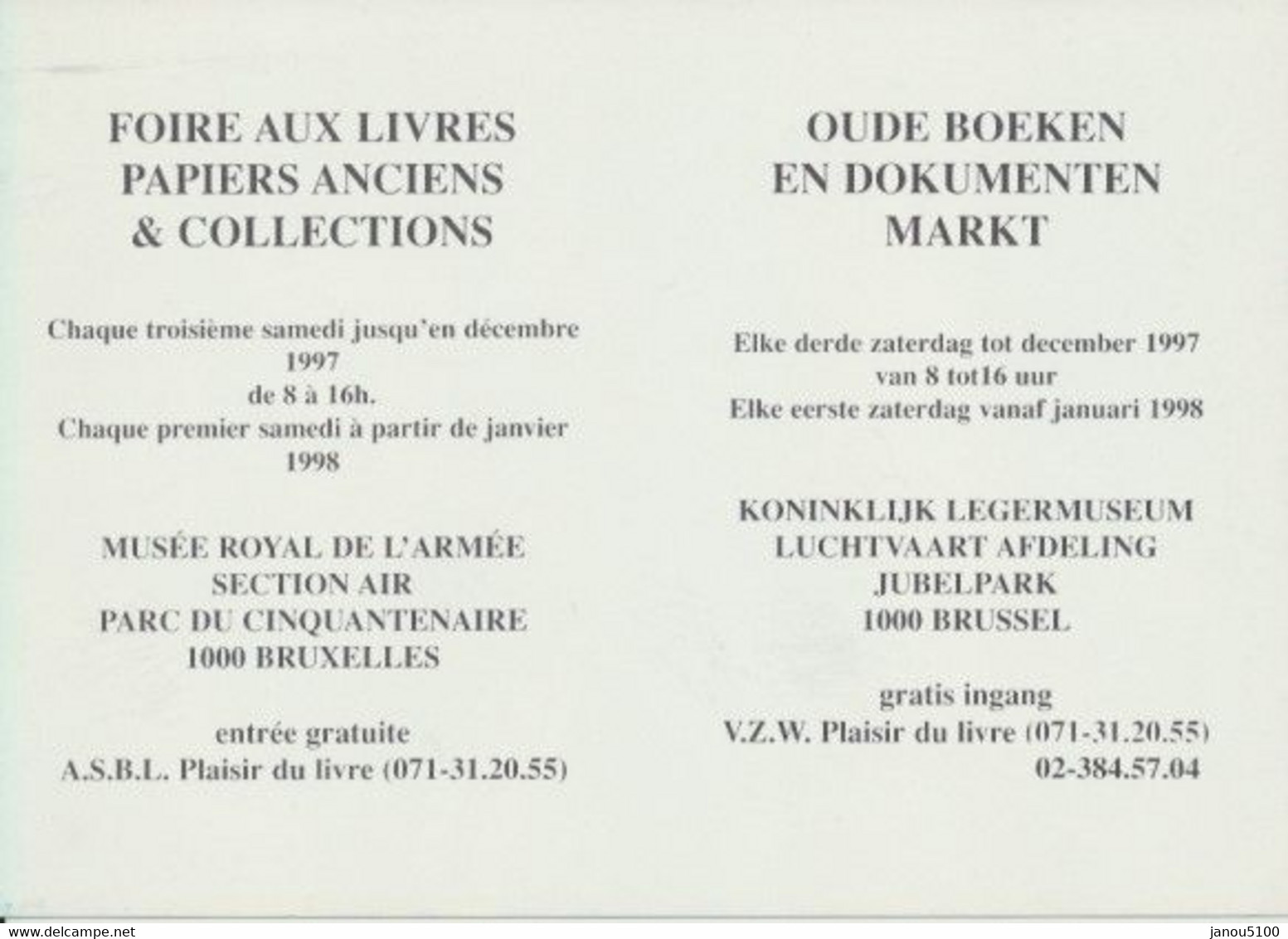 VIEUX PAPIERS          PETITE CARTE      Horaire D'une Foire Aux Livres Et Collections    à Bruxelles. - Europe