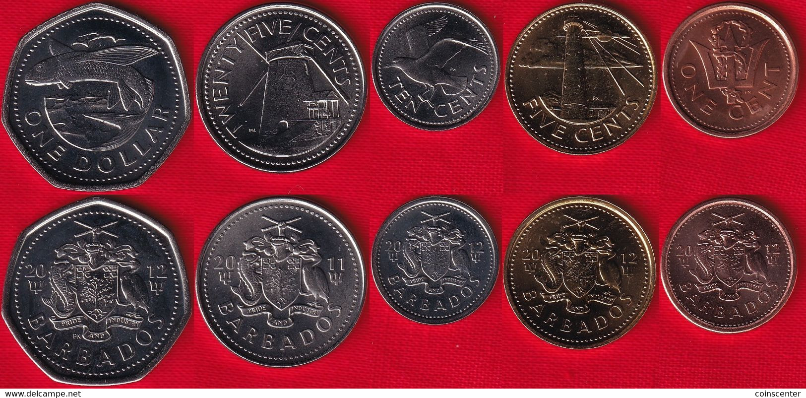 Barbados Set Of 5 Coins: 1 Cent - 1 Dollar 2011-2012 UNC - Barbades