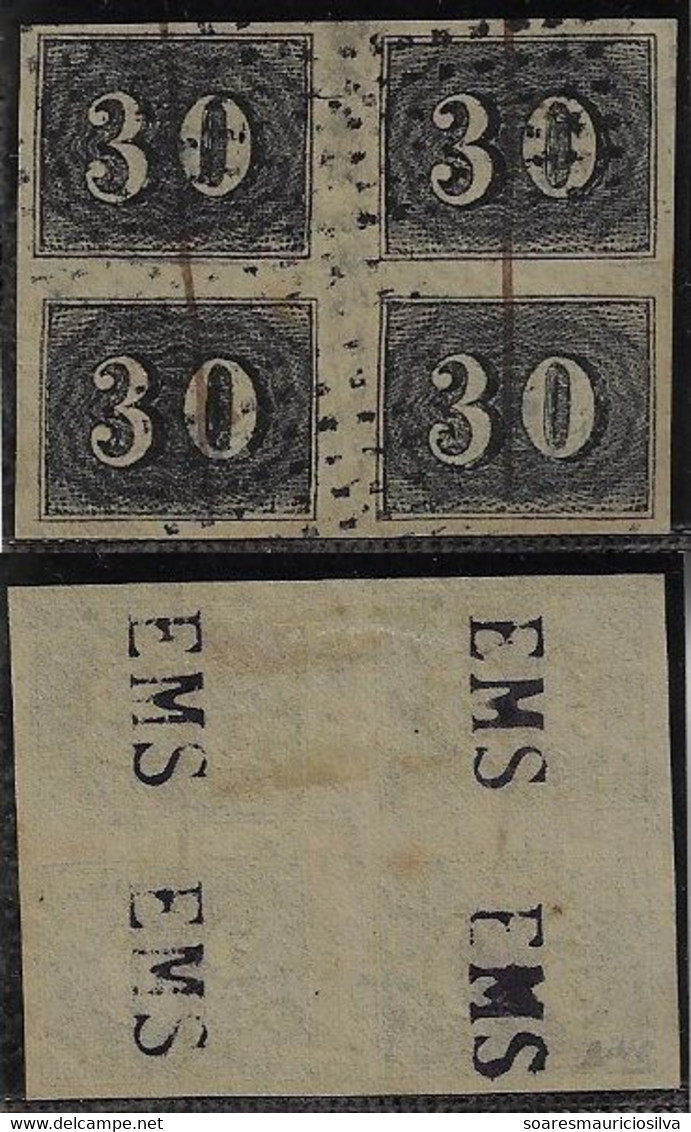 Brazil Year 1850 Stamp RHM-13 Vertical Number 30 Réis Block Of 4 Used - Lot 3 - Gebraucht