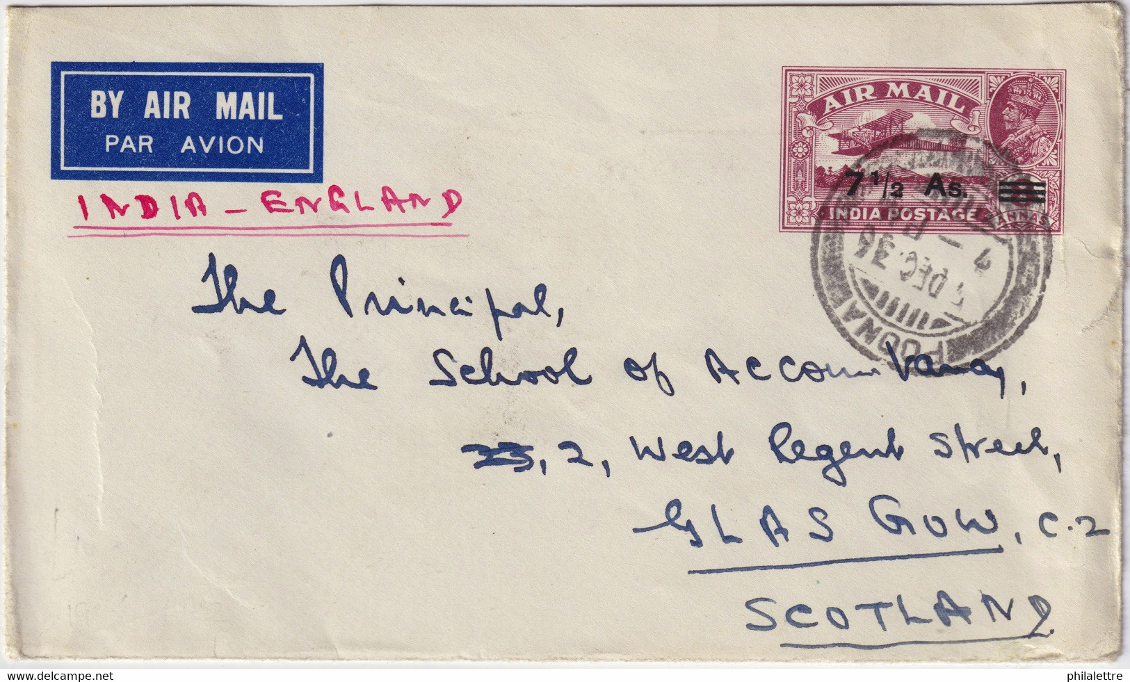 INDE / INDIA - 1936 (Dec 5) 7-1/2As / 8As Air Mail Envelope -POONA To Glasgow, Scotland - 1936-47 Koning George VI