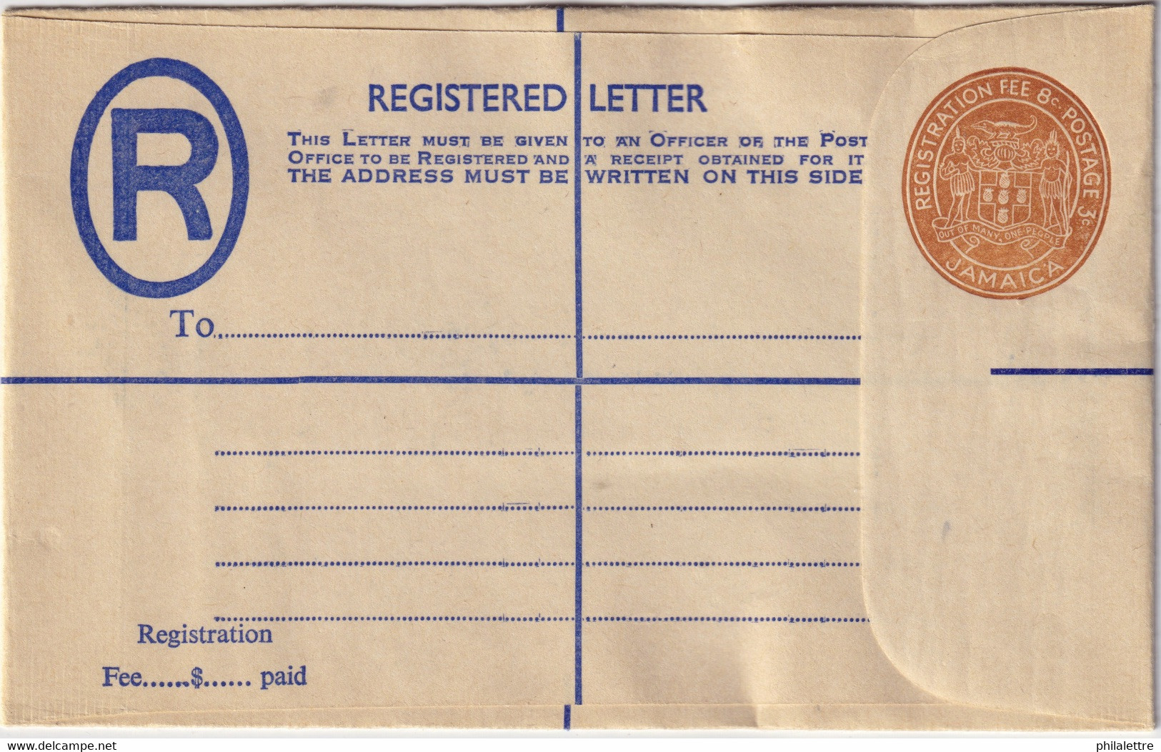 JAMAIQUE / JAMAICA - Registration Envelope (8c Fee, 3c Postage) Unused - Size F - Jamaïque (...-1961)