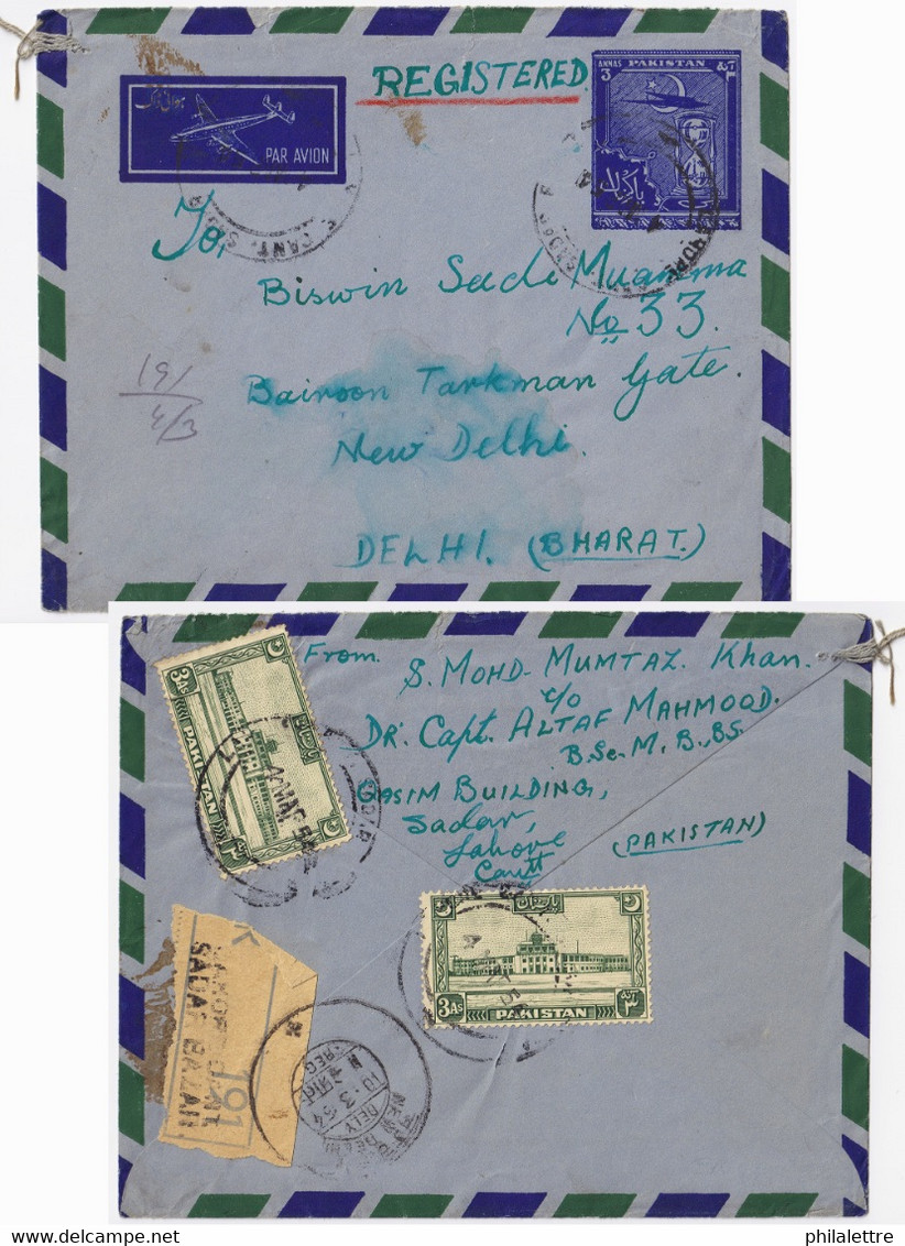 PAKISTAN - 1954 - Uprated Registered Air Mail Postal Envelope To India - Pakistan