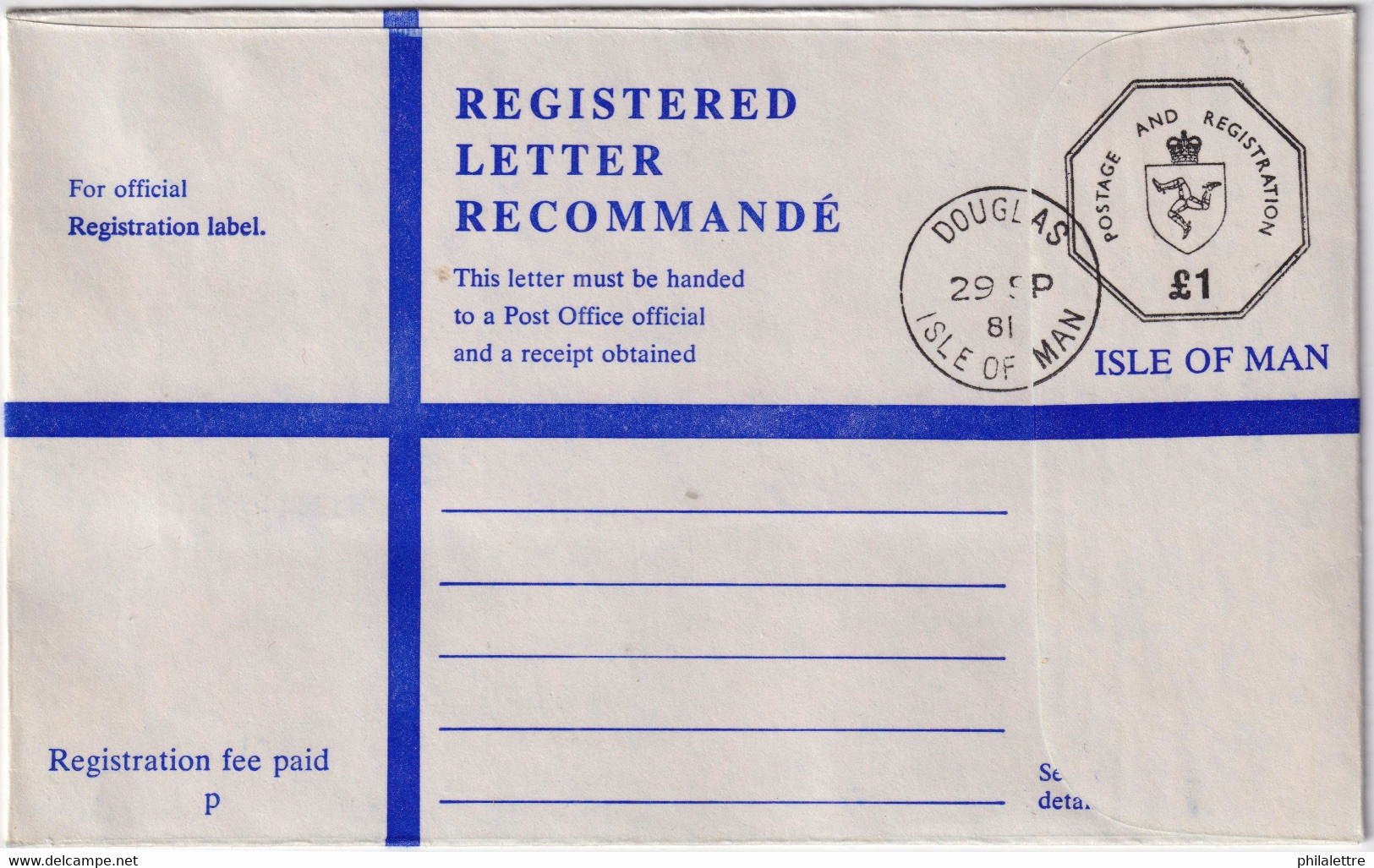 ISLE OF MAN - 1981 £1 Registered Postal Envelope - Size G - Mi.EU9A - CTO - Isla De Man