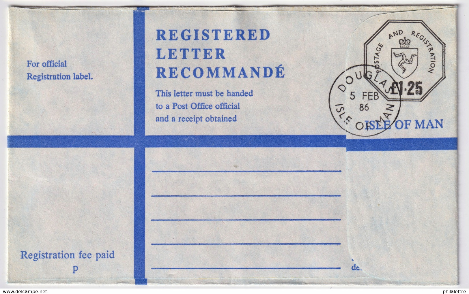 ISLE OF MAN - 1986 £1.25 Registered Postal Envelope - Size G - Mi.EU14.IA - FDC - Isle Of Man