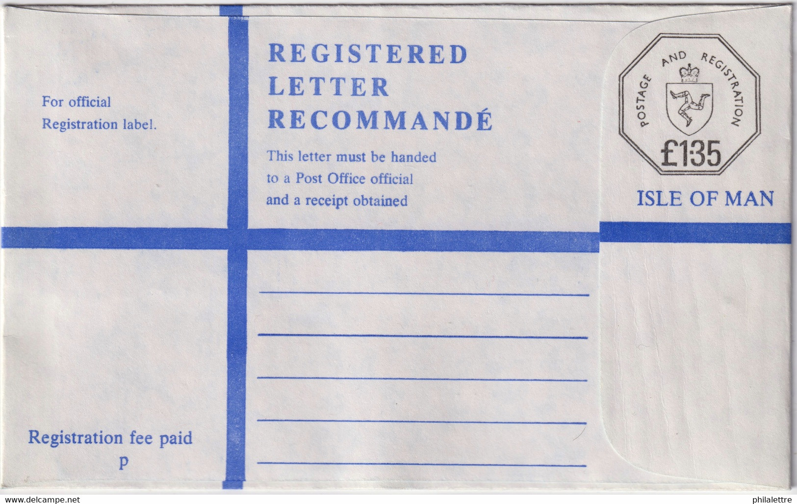 ISLE OF MAN - 1986 £1.35 Registered Postal Envelope - Size G - Mi.EU15A - Mint - Isla De Man