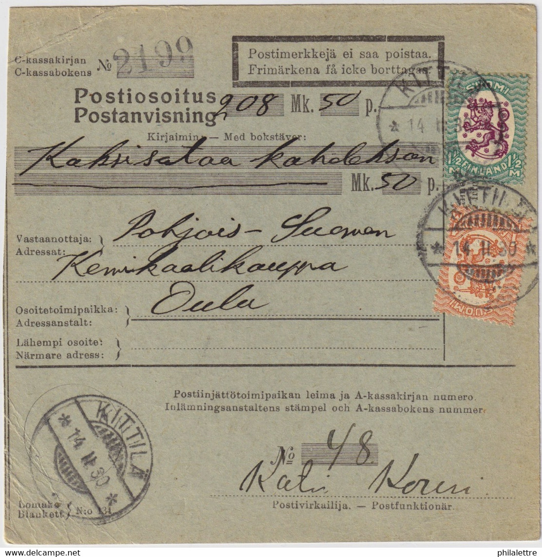 FINLANDE / SUOMI FINLAND 1930 KITTIL To OULU - Postiosoitus / Money-Order Card - Brieven En Documenten