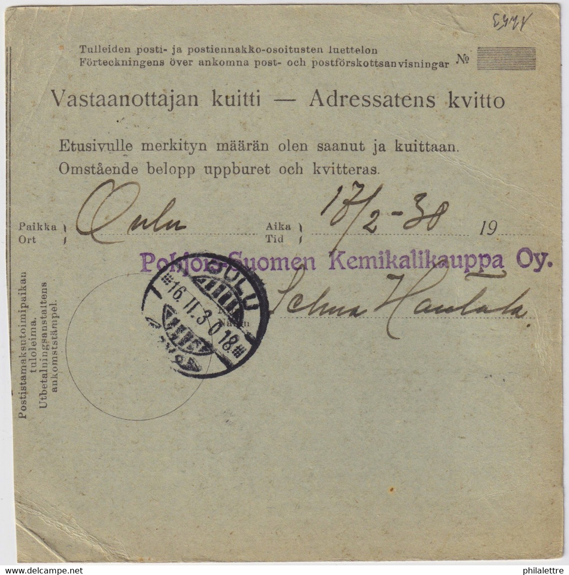 FINLANDE / SUOMI FINLAND 1930 KITTIL To OULU - Postiosoitus / Money-Order Card - Briefe U. Dokumente