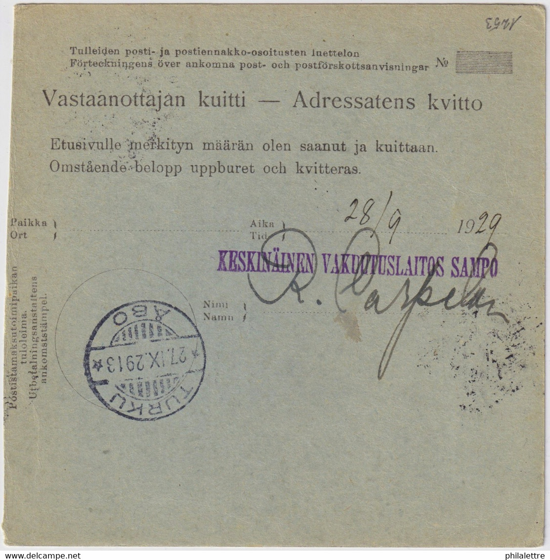 FINLANDE / SUOMI FINLAND 1929 PETÄJÄVESI To TURKU/ÅBO - Postiosoitus / Money-Order Card - Storia Postale