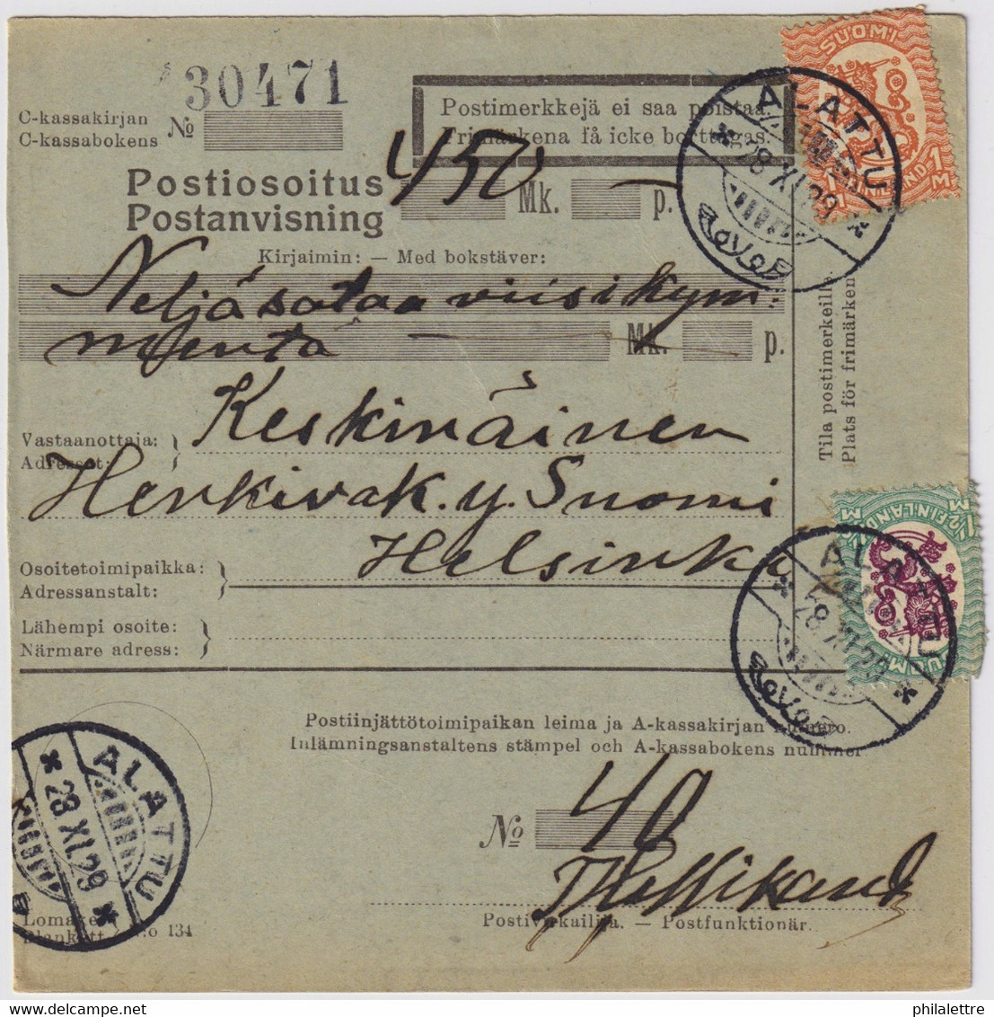 FINLANDE / SUOMI FINLAND 1929 KIVIJÄRVI To JYVÄSKYLA Postiosoitus / Money-Order Card - Briefe U. Dokumente