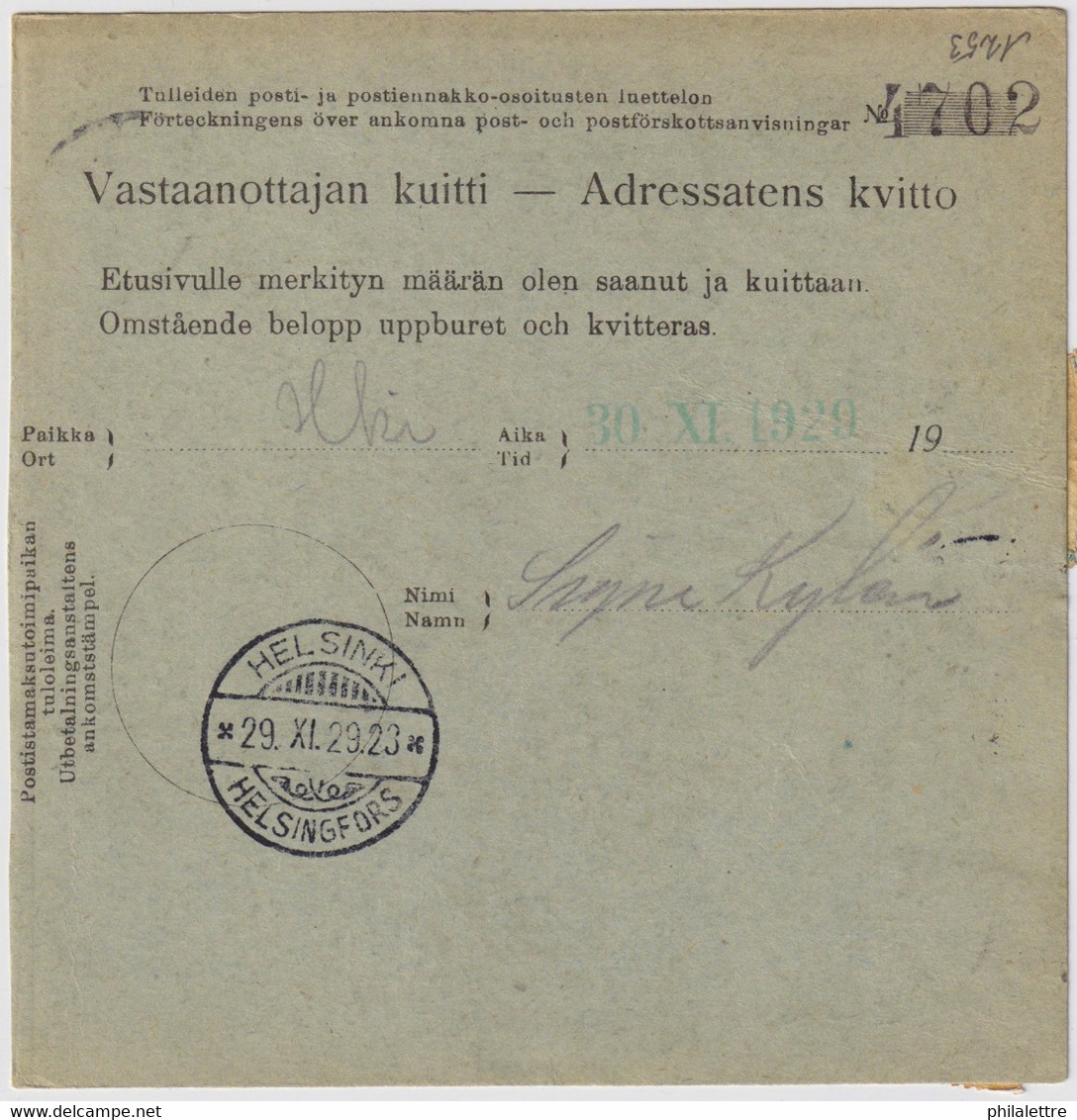 FINLANDE / SUOMI FINLAND 1929 KIVIJÄRVI To JYVÄSKYLA Postiosoitus / Money-Order Card - Cartas & Documentos