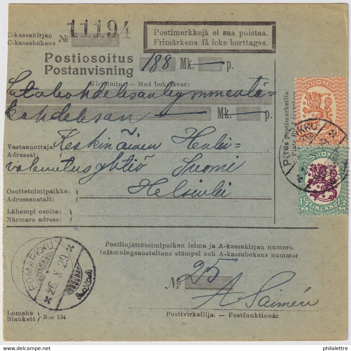 FINLANDE / SUOMI FINLAND 1929 POMARKKU To HELSINKI - Postiosoitus / Money-Order Card - Cartas & Documentos