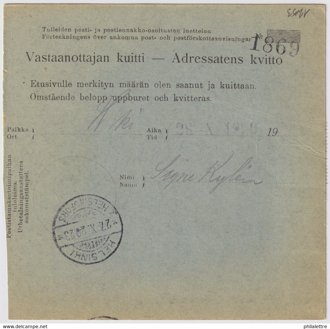 FINLANDE / SUOMI FINLAND 1929 POMARKKU To HELSINKI - Postiosoitus / Money-Order Card - Covers & Documents