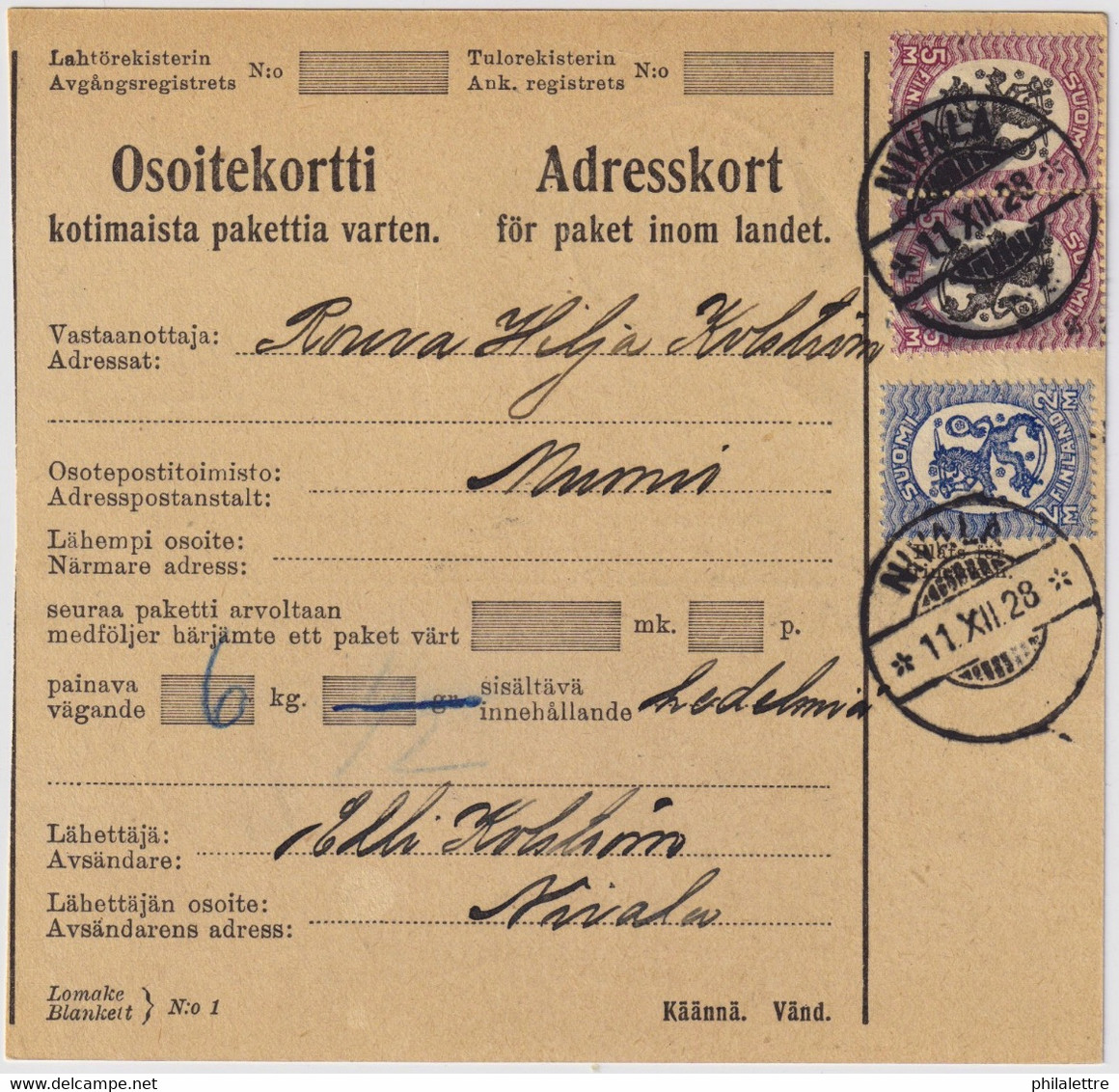 FINLANDE / SUOMI FINLAND 1929 NIVALA To MUONIO - Osoitekortti / Packet Post Address Card - Briefe U. Dokumente