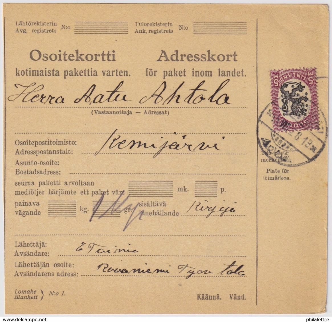 FINLANDE / SUOMI FINLAND 1928 ROVANIEMI To KEMIJÄRVI - Osoitekortti / Packet Post Address Card - Storia Postale