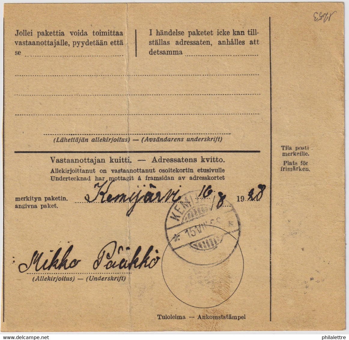 FINLANDE / SUOMI FINLAND 1928 TURKU To KEMIJÄRVI - Osoitekortti / Packet Post Address Card - Briefe U. Dokumente