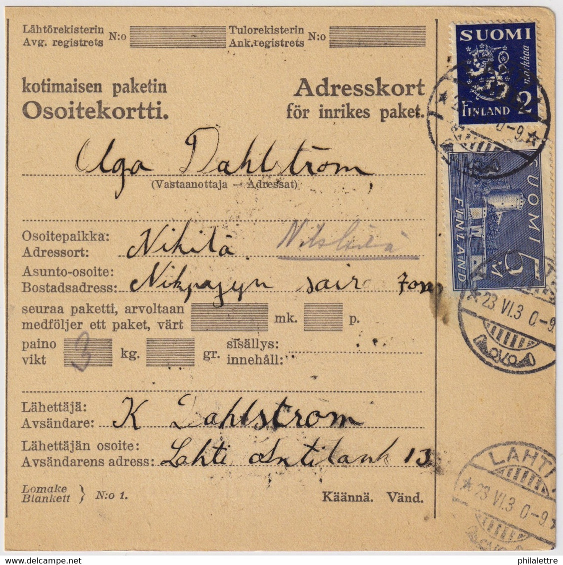 FINLANDE / SUOMI FINLAND 1930 LAHTI To NICKBY - Osoitekortti / Packet Post Address Card - Briefe U. Dokumente