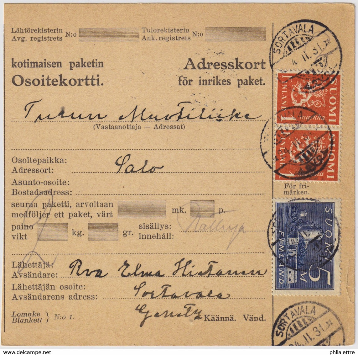 FINLANDE / SUOMI FINLAND 1930 SORTAVALA To SALO - Osoitekortti / Packet Post Address Card - Lettres & Documents