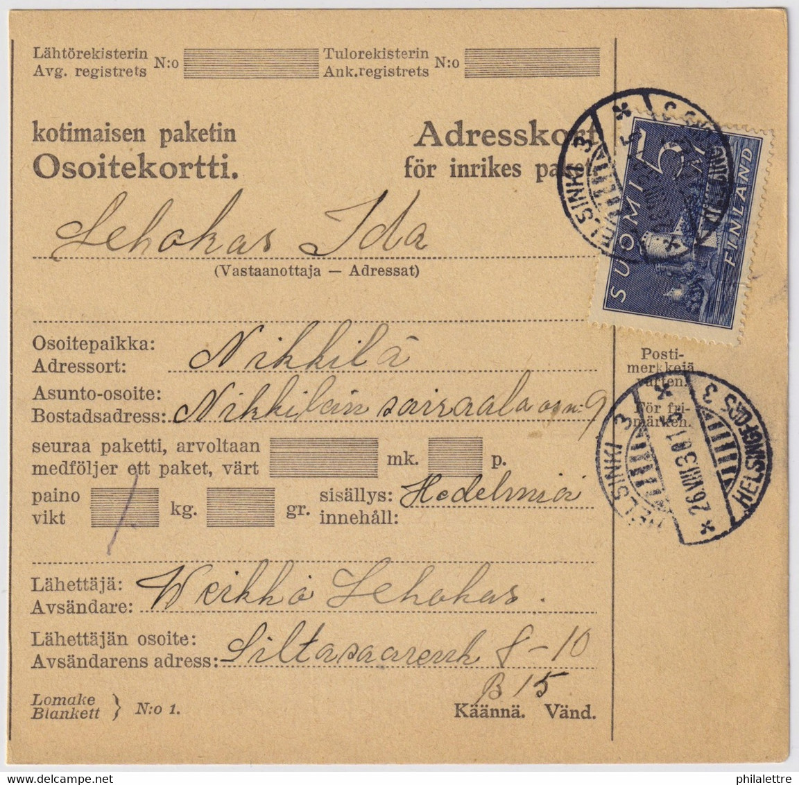 FINLANDE / SUOMI FINLAND 1930 HELSINKI 3 To NICKBY - Osoitekortti / Packet Post Address Card - Brieven En Documenten