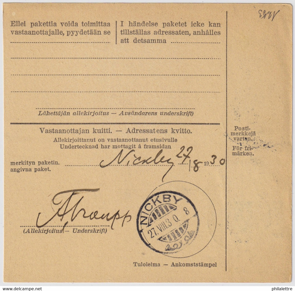 FINLANDE / SUOMI FINLAND 1930 HELSINKI 3 To NICKBY - Osoitekortti / Packet Post Address Card - Lettres & Documents