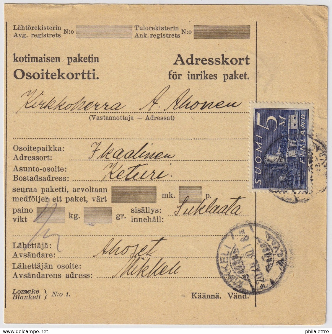 FINLANDE / SUOMI FINLAND 1930 MIKKELI To IKAALINEN - Osoitekortti / Packet Post Address Card - Brieven En Documenten