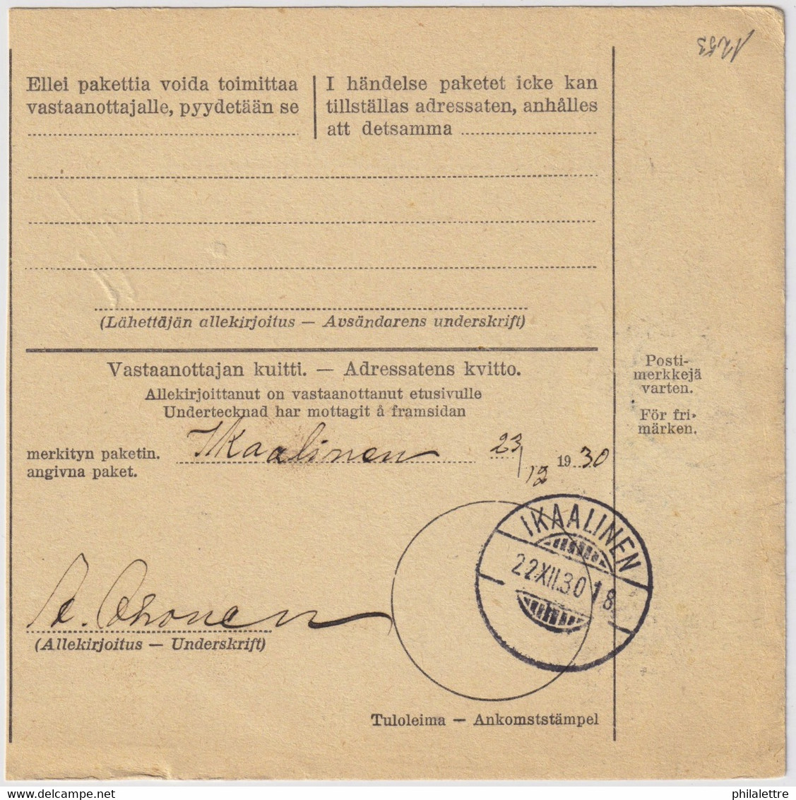 FINLANDE / SUOMI FINLAND 1930 MIKKELI To IKAALINEN - Osoitekortti / Packet Post Address Card - Brieven En Documenten