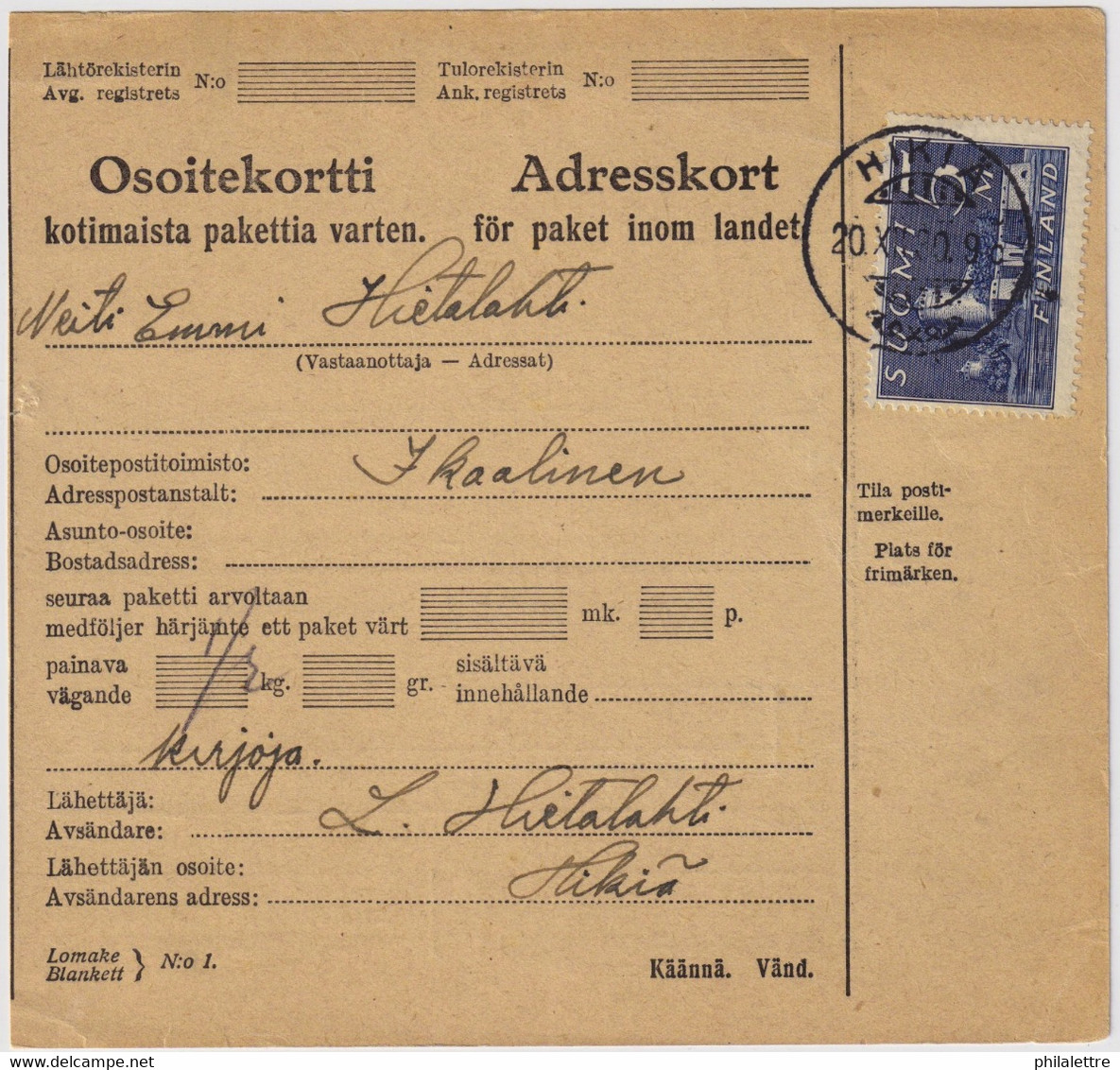 FINLANDE / SUOMI FINLAND 1930 HIKIÄ To IKAALINEN - Osoitekortti / Packet Post Address Card - Briefe U. Dokumente