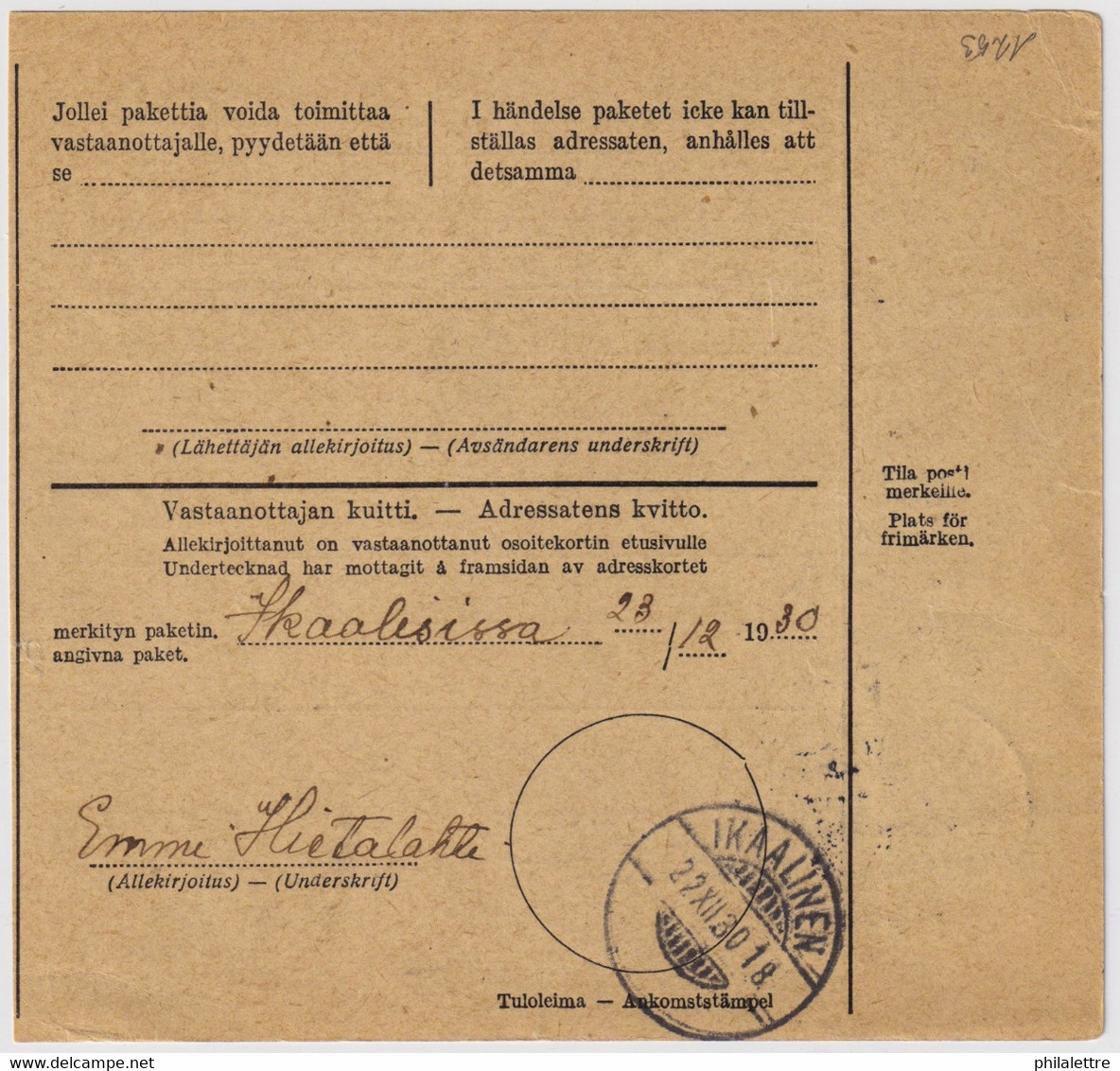 FINLANDE / SUOMI FINLAND 1930 HIKIÄ To IKAALINEN - Osoitekortti / Packet Post Address Card - Lettres & Documents