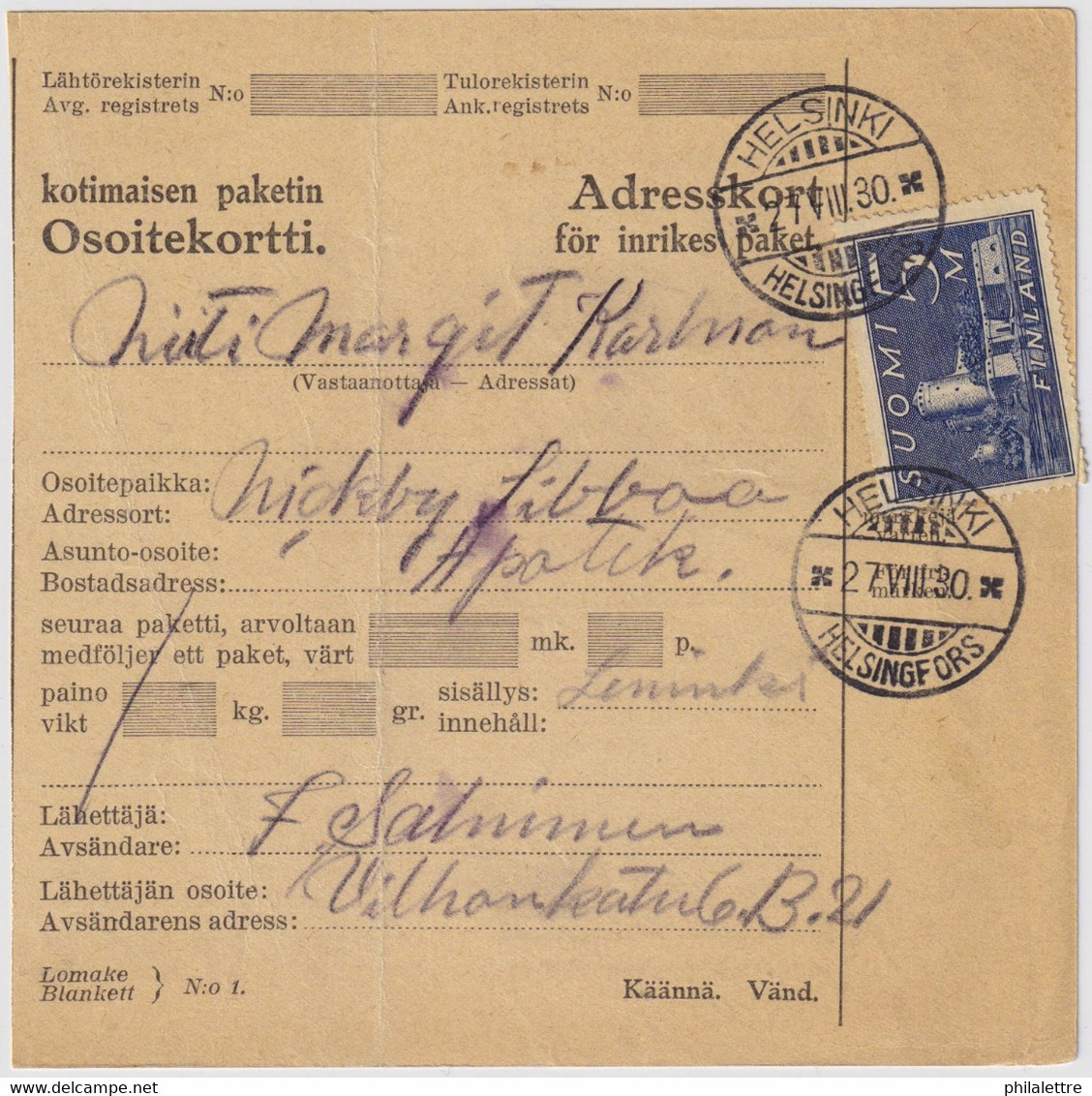 FINLANDE / SUOMI FINLAND 1930 HELSINKI To NICKBY - Osoitekortti / Packet Post Address Card - Lettres & Documents