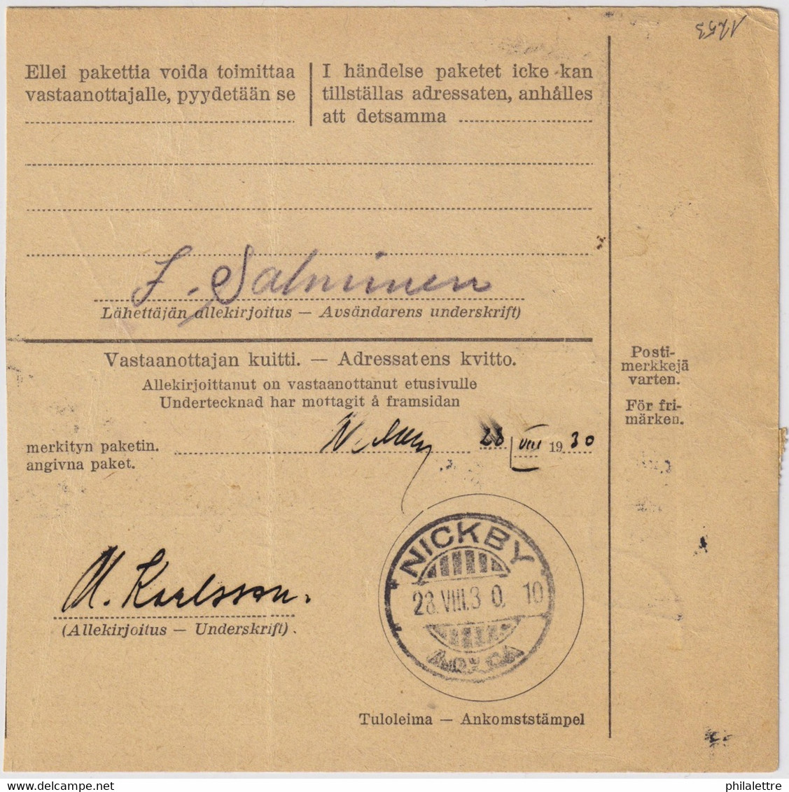 FINLANDE / SUOMI FINLAND 1930 HELSINKI To NICKBY - Osoitekortti / Packet Post Address Card - Briefe U. Dokumente