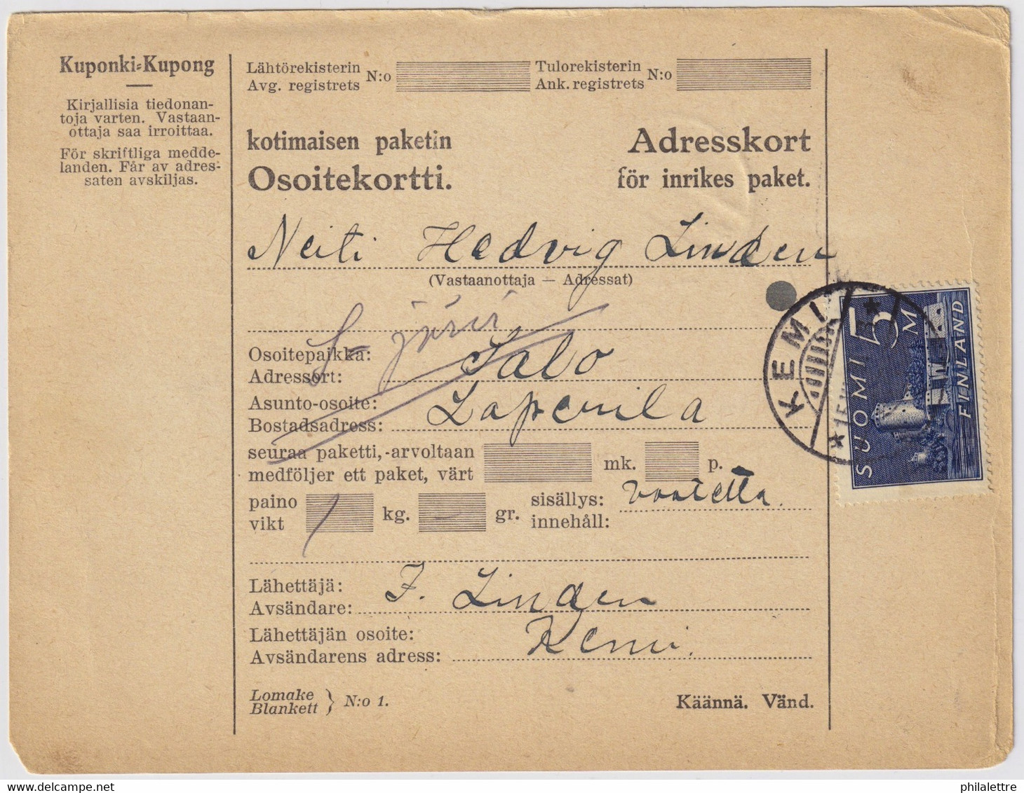 FINLANDE / SUOMI FINLAND 1931 KEMI To SUOMUSJÄRVI - Osoitekortti / Packet Post Address Card - Lettres & Documents