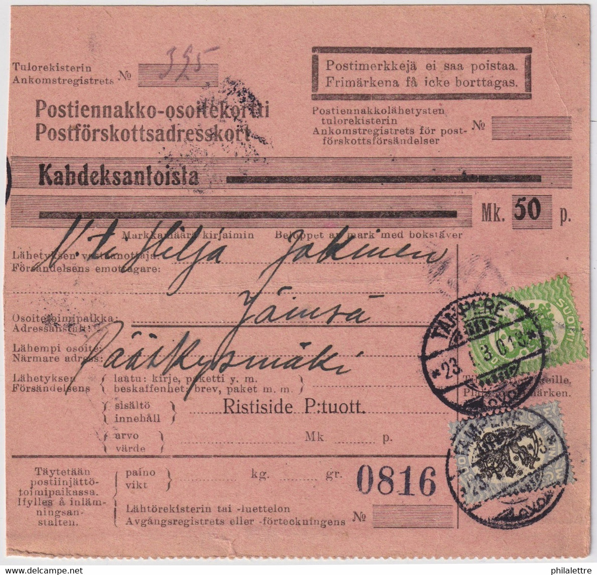 FINLANDE / SUOMI FINLAND 1930 TAMPERE To JÄMSÄ - Postiennakko-Osoitekortti / COD Address Card - Briefe U. Dokumente
