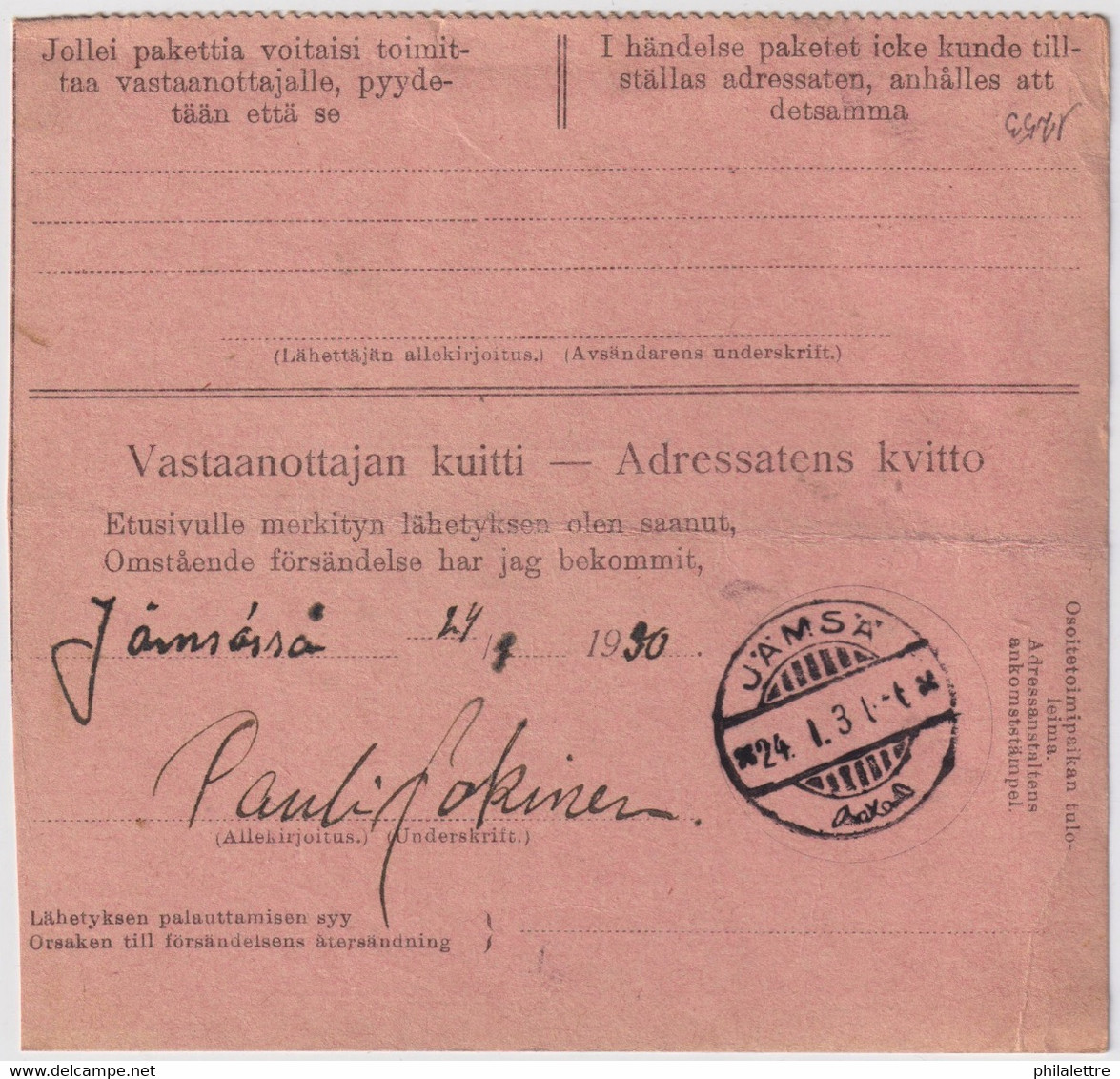 FINLANDE / SUOMI FINLAND 1930 TAMPERE To JÄMSÄ - Postiennakko-Osoitekortti / COD Address Card - Brieven En Documenten