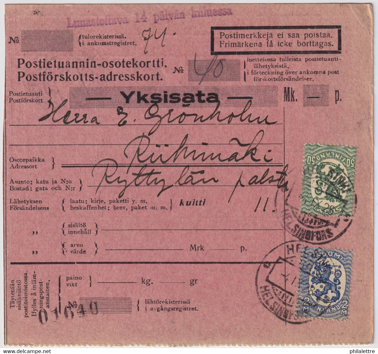 FINLANDE / SUOMI FINLAND 1928 HELSINKI To RIIHIMÄKI - Postiennakko-Osoitekortti / COD Address Card - Covers & Documents