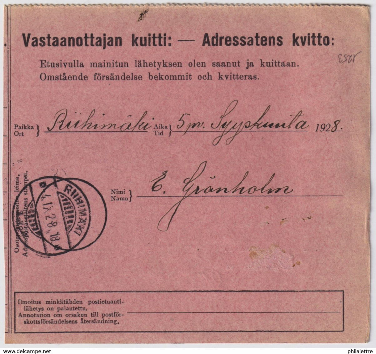 FINLANDE / SUOMI FINLAND 1928 HELSINKI To RIIHIMÄKI - Postiennakko-Osoitekortti / COD Address Card - Briefe U. Dokumente