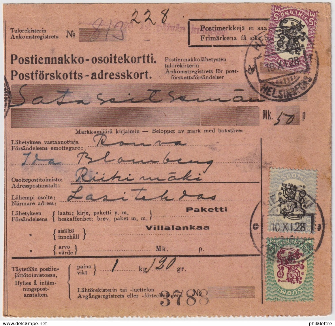 FINLANDE / SUOMI FINLAND 1928 HELSINKI To RIIHIMÄKI - Postiennakko-Osoitekortti / COD Address Card - Storia Postale