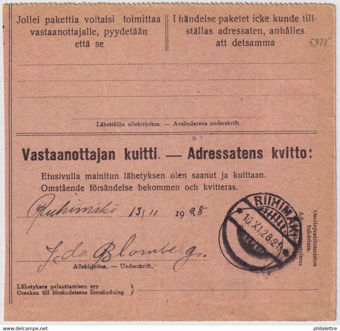 FINLANDE / SUOMI FINLAND 1928 HELSINKI To RIIHIMÄKI - Postiennakko-Osoitekortti / COD Address Card - Cartas & Documentos
